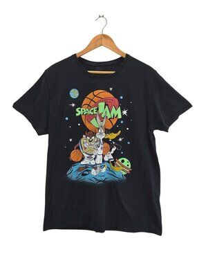Vtg 90s Space Jam T-Shirt L Loony Tunes Moon Graphic Bugs Taz Daffy Basketball